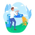Joyful rich millionaire, lot money flowing from pipe, open water tap, design cartoon style vector illustration, isolated