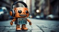 Joyful robot on urban sidewalk happily listening to music with ample space for text and keywords Royalty Free Stock Photo