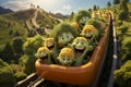 Joyful salad characters on a roller coaster in a fantasy magical farm. AI generated.