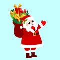 Joyful Santa Claus with a bag of Christmas gifts in cartoon style. Santa stands sideways.