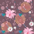 Joyful seamless pattern with cosmos and daisy flowers, musical rulers passing through the heart, music notes and signs, stars Royalty Free Stock Photo