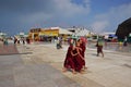 Joyful Simple Life of Buddhist Children Monk on huge open space Royalty Free Stock Photo