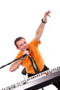 Joyful singer with synthesizer and microphone Royalty Free Stock Photo