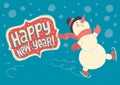 Joyful snowman skating on ice and wishes Happy New Year!