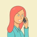 A woman with coral hair is talking on a cell phone. Friendly girl. Vector graphics.