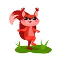 Joyful squirrel walking by green grass. Adorable forest rodent with happy muzzle and fluffy tail. Flat vector icon Royalty Free Stock Photo