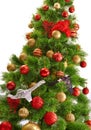Joyful studio shot of a Christmas tree with colorful ornaments, isolated on white Royalty Free Stock Photo