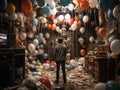 Joyful Surprise: Man Delighted in a Room Overflowing with Balloons