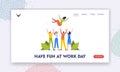 Joyful Team Congratulation in Office Landing Page Template. Happy People Toss Up Person Celebrating Success, Victory
