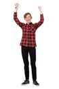 Joyful teenage boy playing video games isolated over white background celebrating success raising hands up screaming, holding the Royalty Free Stock Photo