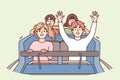 Joyful teenage children ride rollercoaster and raise hands smiling enjoying high speed. Vector image Royalty Free Stock Photo