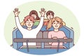 Joyful teenage children ride rollercoaster and raise hands smiling enjoying high speed. Vector image Royalty Free Stock Photo