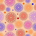 Joyful textile patterns on coral background, colorful flowers seamless design, pattern for bedding, blanket, children Royalty Free Stock Photo