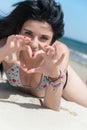 Joyful time in beach, lady wearing bikini Royalty Free Stock Photo