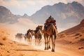 Joyful Tourist on Group Camel Ride in Desert