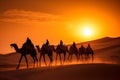 Joyful Tourist on Group Camel Ride in Desert