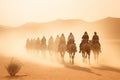 Joyful Tourist on Group Camel Ride in Desert