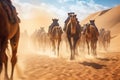 Joyful Tourist on Group Camel Ride in Desert