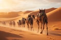 Joyful Tourist on Group Camel Ride in Desert