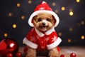 ai generated Joyful toy poodle dog puppy in red Christmas suit on background with bokeh light Christmas tree balls