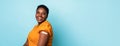 Joyful Vaccinated African American Lady Posing After Injection, Blue Background