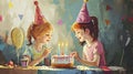 Joyful Watercolor Celebration: Children Sharing Birthday Wishes Over a Colorful Cake.