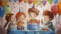 Joyful Watercolor Celebration: Children Sharing Birthday Wishes Over a Colorful Cake.