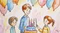 Joyful Watercolor Celebration: Children Sharing Birthday Wishes Over a Colorful Cake.