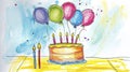 Joyful Watercolor Celebration: Children Sharing Birthday Wishes Over a Colorful Cake.