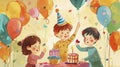 Joyful Watercolor Celebration: Children Sharing Birthday Wishes Over a Colorful Cake.