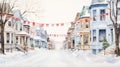 Joyful Watercolor Christmas Bunting Strung Across a Snowy Festive Street AI Generated