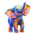 Joyful watercolor painting of a baby elephant with curled trunk, open mouth, large flared ears, adorned body, and surrounded by