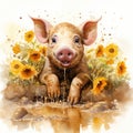 Joyful Watercolor Pig Rolling in the Mud Surrounded by Vibrant Sunflowers AI Generated