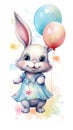 A joyful white bunny in a blue dress holding two colorful balloons, surrounded by abstract watercolor splashes. Ideal
