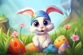 Joyful white bunny in colorful bandana sitting among Easter eggs in flower field. Easter Card Royalty Free Stock Photo