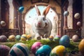 Joyful white bunny jumping with colorful easter eggs background, Happy Easter Concept. Generative Ai