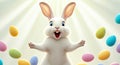 Joyful White Easter Bunny with Colorful Eggs in Sunlit Springtime Celebration Royalty Free Stock Photo