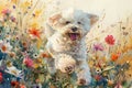 Joyful white puppy bounding through a vibrant watercolor flower field