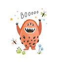 Joyful wild monster, alien or extraterrestrial with fangs. Happy fairytale magical creature or mascot. Fantastic cartoon