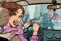 Joyful woman driver, accident on road with pedestrian