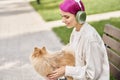 joyful woman listening music in headphones Royalty Free Stock Photo