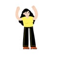 Joyful Woman. Success and good luck. Modern trendy female character. Young girl raise up hands.