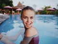 joyful woman Swimming in the pool vacation tropics bali Royalty Free Stock Photo