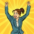 Joyful woman winning hand gesture up