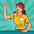 Joyful young female fast food worker takes the order