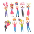 Joyful Young People with Holiday Party Symbols Set, Happy Birthday Concept Cartoon Style Vector Illustration Royalty Free Stock Photo