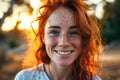 Joyful Young Woman Makes Eye Contact With The Camera Happy Woman With Red Hair And Freckles
