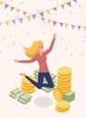 Joyfully jumping money owner vector character. Happy woman, cash prize winner, honorarium payee cartoon illustration