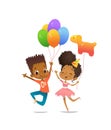 Joyous African-American boy and girl with the balloons and birthday hat happily jumping with their hands up. Vector