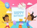 Joyous African-American Boy and girl in birthday hats happily jump. Vector Illustration of a Happy Birthday Greeting